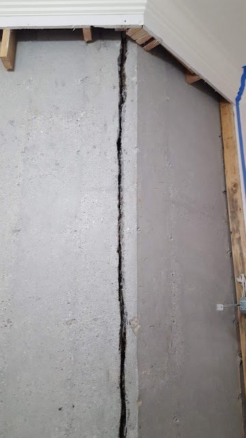 Before: foundation crack restoration with carbon fiber and Kevlar reinforcement after failed builder repair in Purchase, NY
