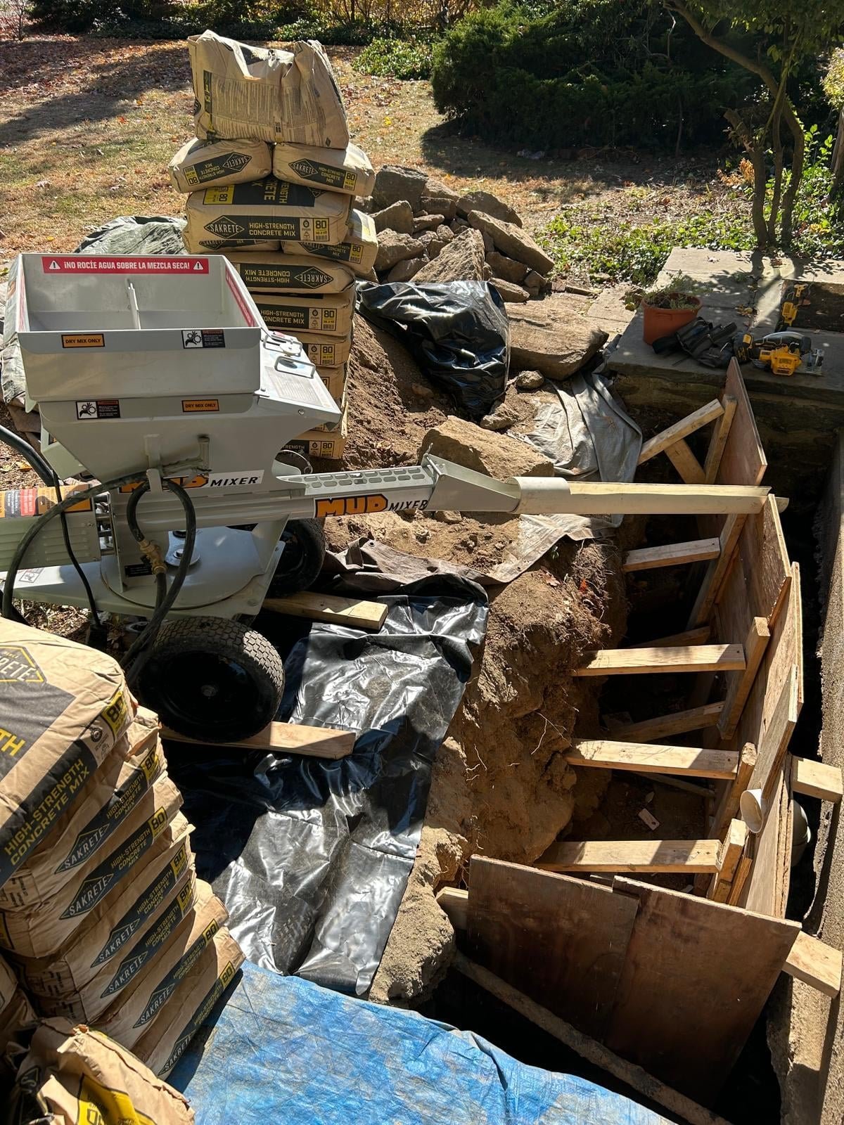 Job-site photo 2: exterior excavation foundation waterproofing for a chronic basement leak in Greenwich, CT
