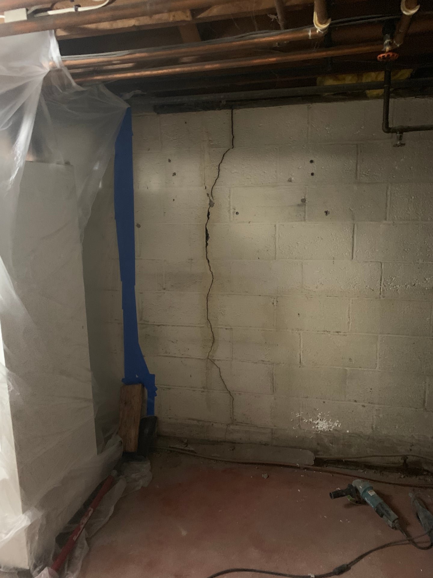 Before: leaking basement wall crack repair with carbon fiber straps and waterproofing membrane in Mount Kisco, NY