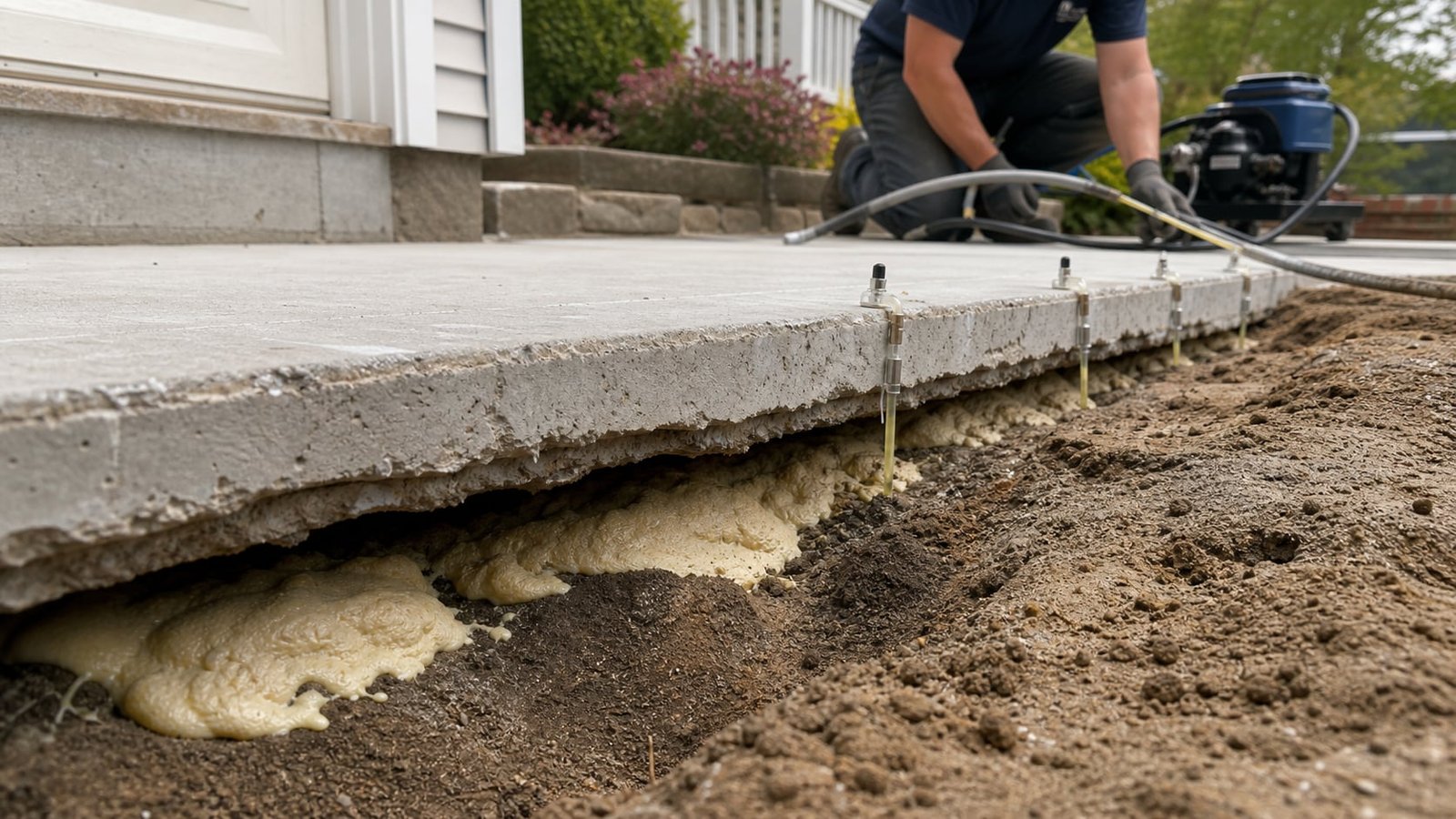 Polyurethane chemical grout injection stabilizing soil beneath a settled concrete slab